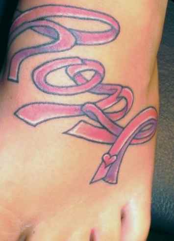 Cancer ribbon tattoo on foot