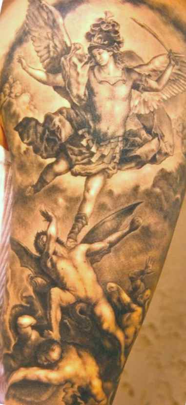 Sleeve tattoo angel and demon