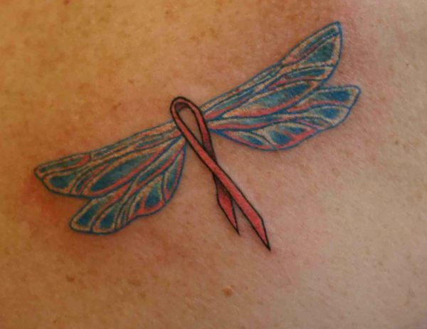 Breast cancer tattoos with dragonflies