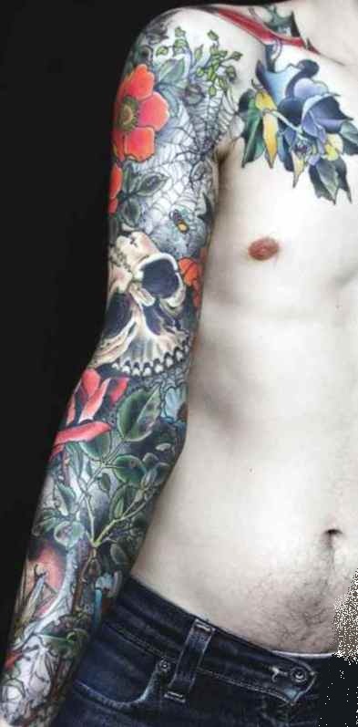 Tattoo sleeve flowers and skull