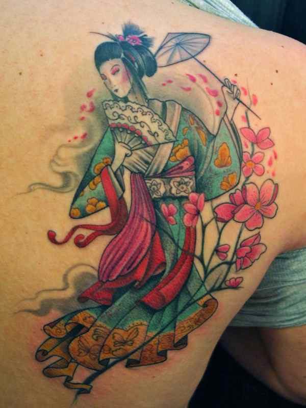 Colorful geisha tattoo