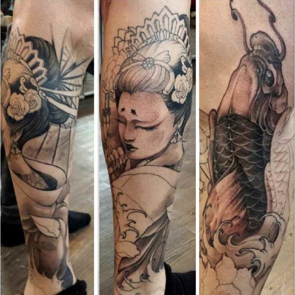 Geisha tattoo back of calf
