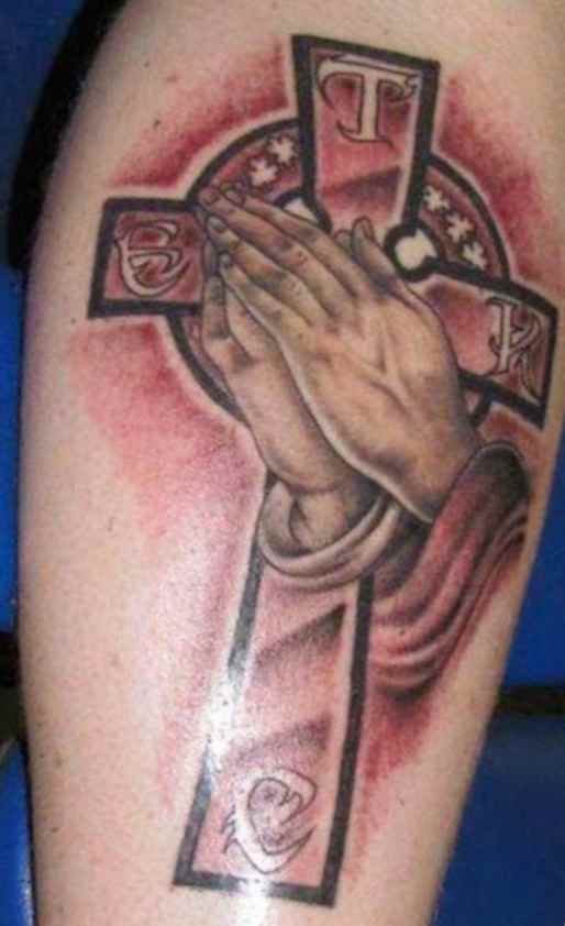 Praying hands cross tattoo for men