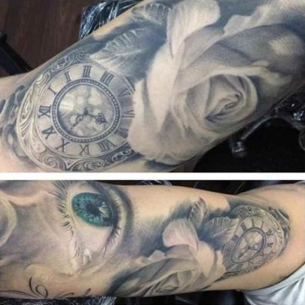 Stunning blue eyes and watch with rose tattoo