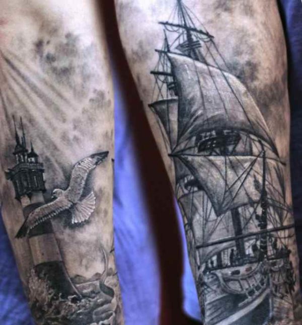 Ship and lighthouse tattoo