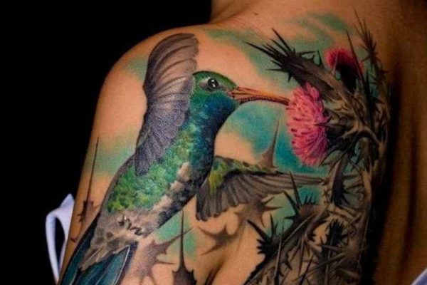 Side hummingbird tattoos on shoulder