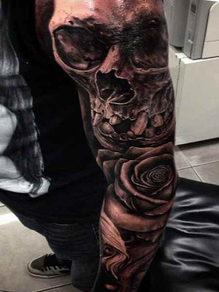 Black and White skull sleeve tattoo