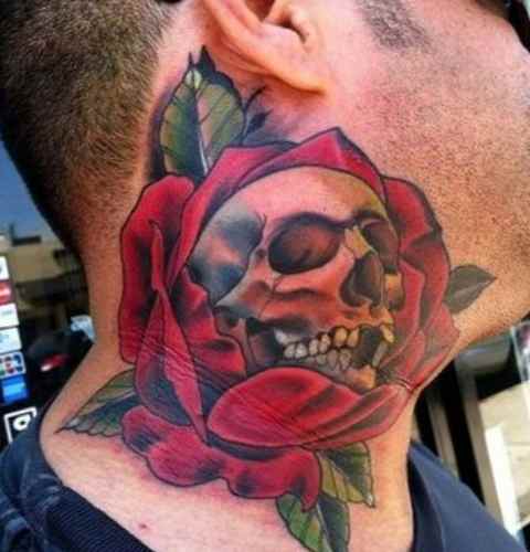 Tattoos neck - Skull and flowers