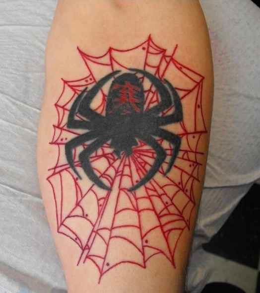 Spider web tattoo red