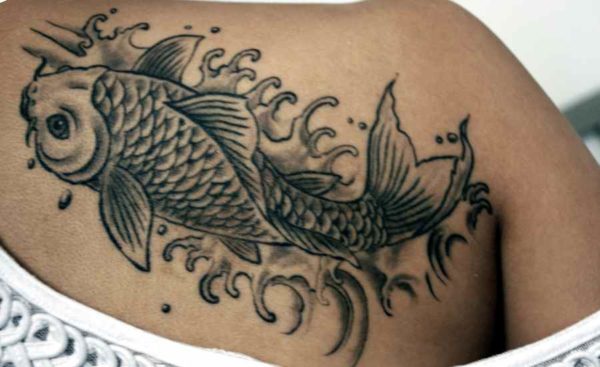 Koi fish tattoo forearm black and grey