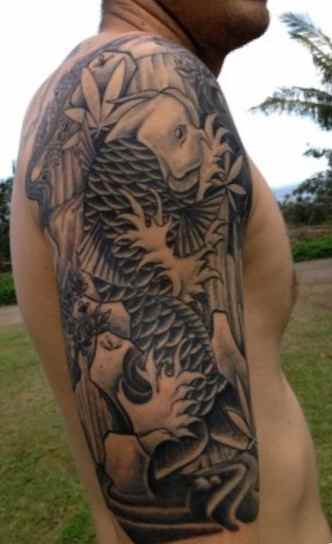 Koi fish tattoo half sleeve black and grey