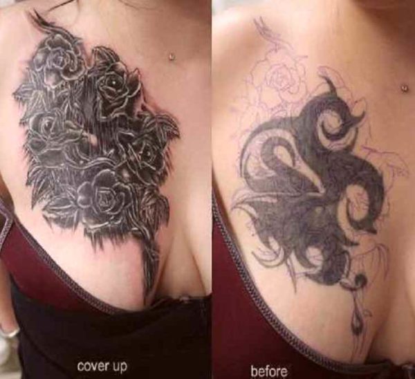 Chest women tattoo cover up before and after