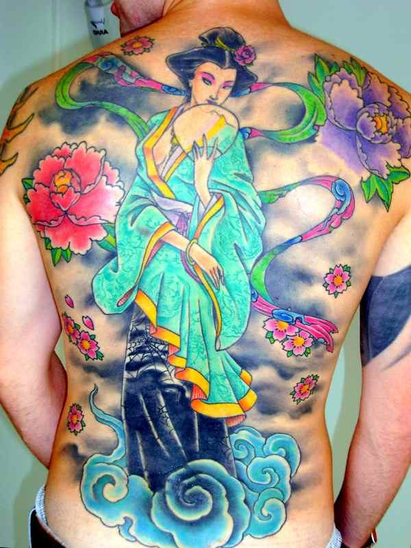 Full back geisha tattoo