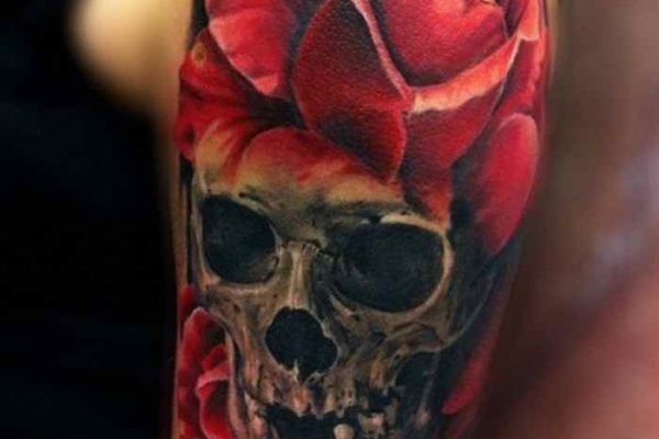 Skull blood and rose tattoo