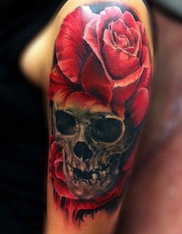 Skull blood and rose tattoo
